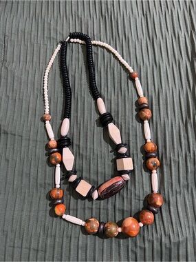 Vintage Handcrafted Multicolor Wood Bead Necklaces-Natural Tones